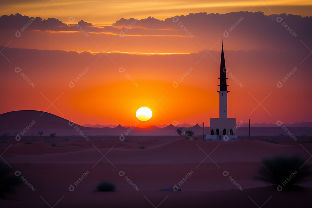 Pôr do sol com mesquita muçulmana a frente