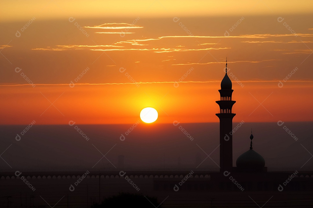 Pôr do sol com mesquita muçulmana a frente