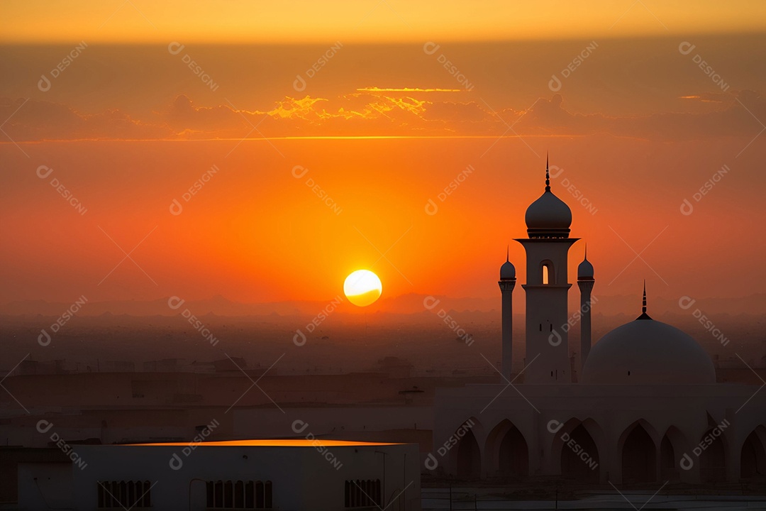 Pôr do sol com mesquita muçulmana a frente