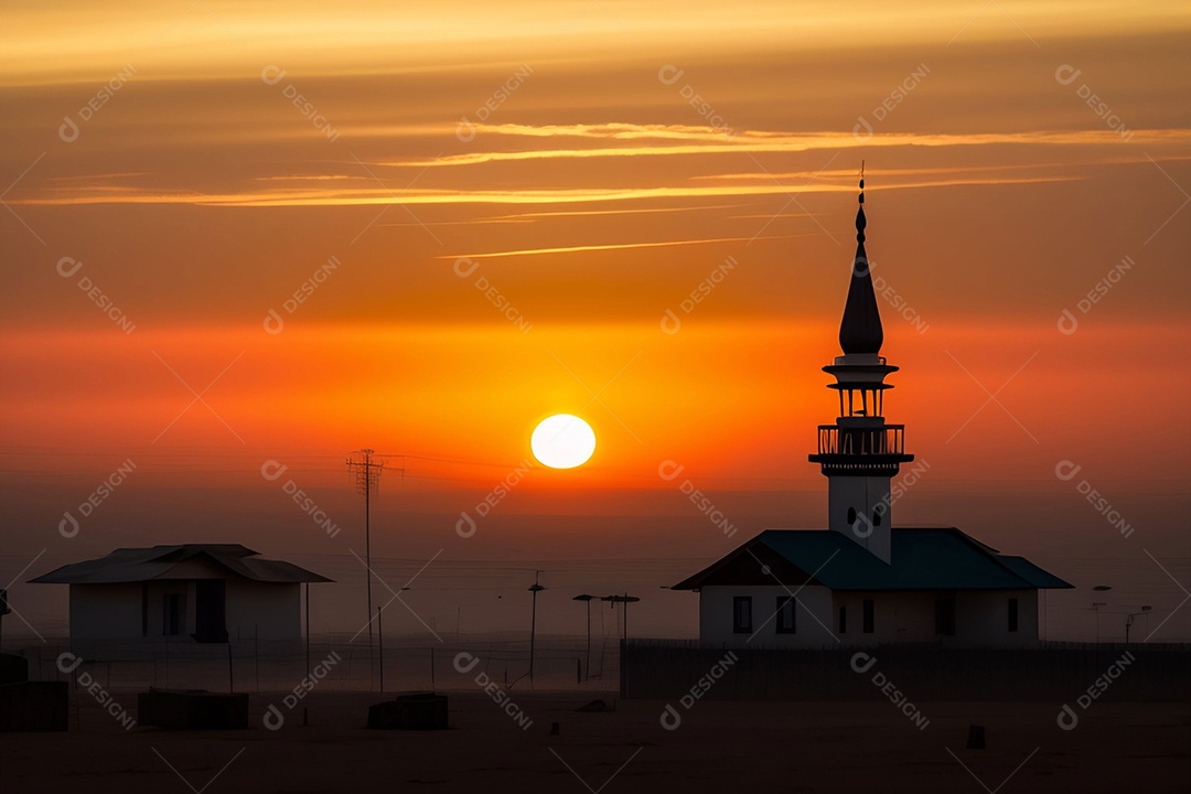 Pôr do sol com mesquita muçulmana a frente