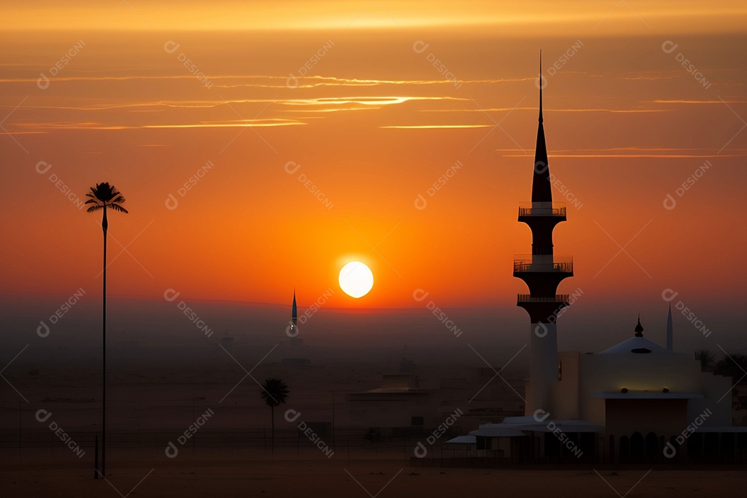 Pôr do sol com mesquita muçulmana em primeiro plano
