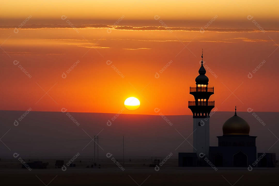 Pôr do sol com mesquita muçulmana em primeiro plano