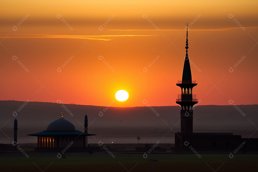 Pôr do sol com mesquita muçulmana em primeiro plano