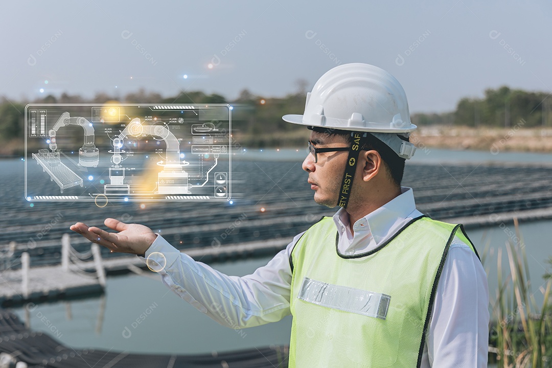 Engenheiro ou técnico apontando o dedo ou a mão com um ícone
