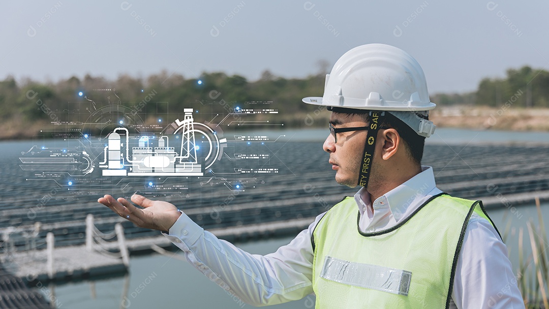 Engenheiro ou técnico apontando o dedo ou a mão com um ícone