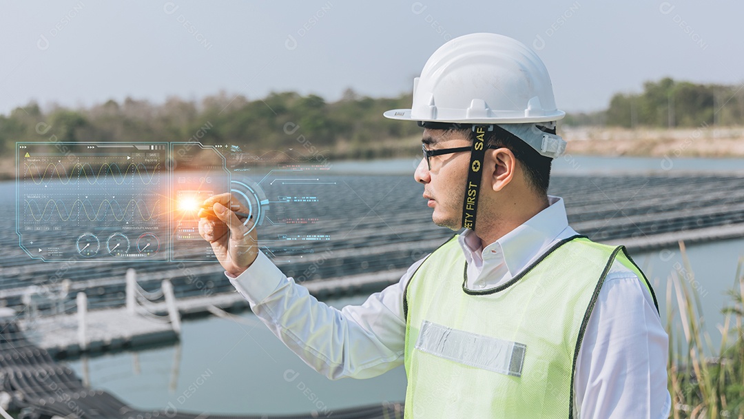 Engenheiro ou técnico apontando o dedo ou a mão com um ícone