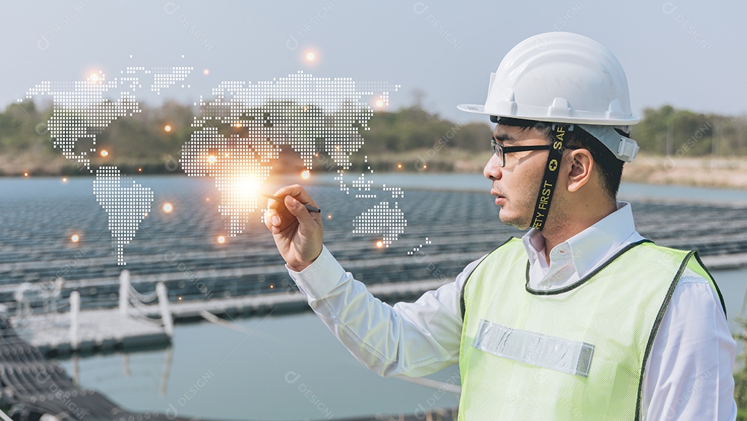Engenheiro ou técnico apontando o dedo ou a mão com um ícone
