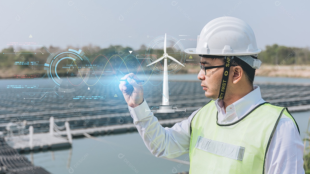 Engenheiro ou técnico apontando o dedo ou a mão com um ícone