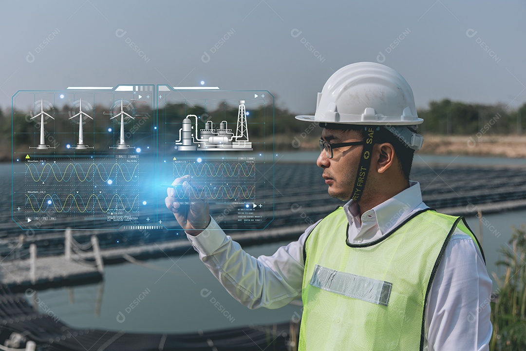 Engenheiro ou técnico apontando o dedo ou a mão com um ícone