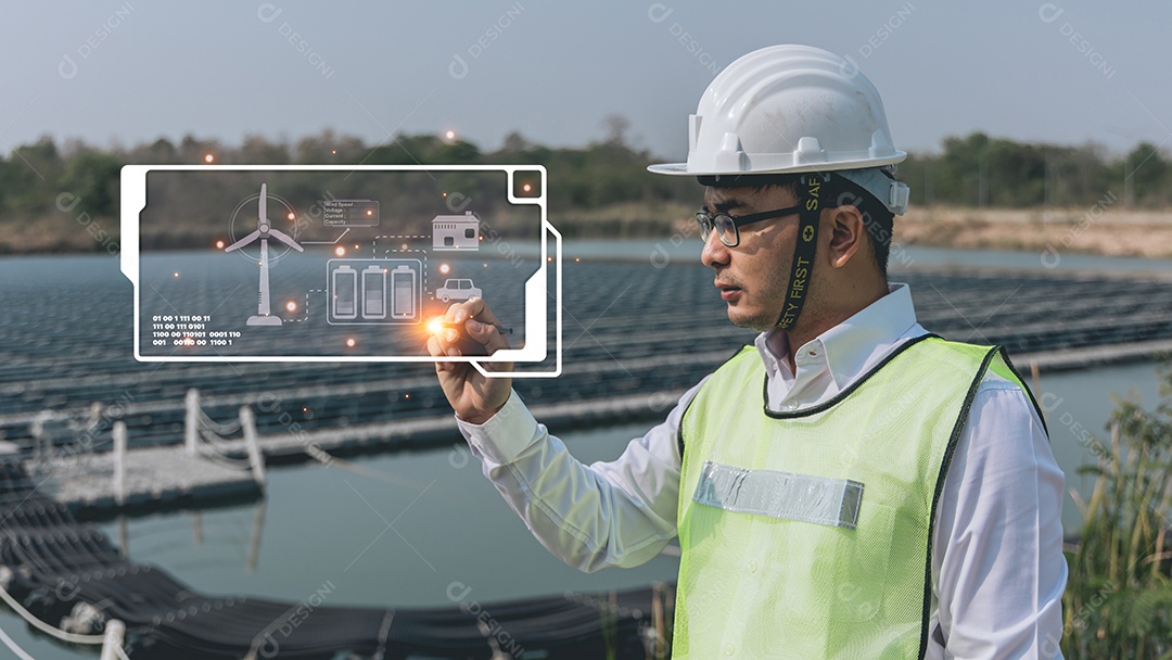 Engenheiro ou técnico apontando o dedo ou a mão com um ícone
