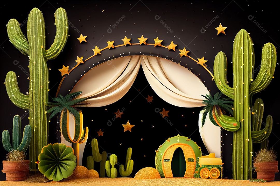 Cenário estrelas douradas e cactos