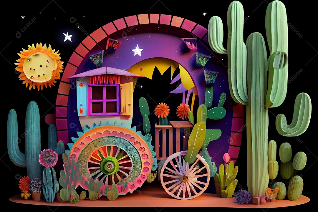 Cenário estrelas douradas e cactos