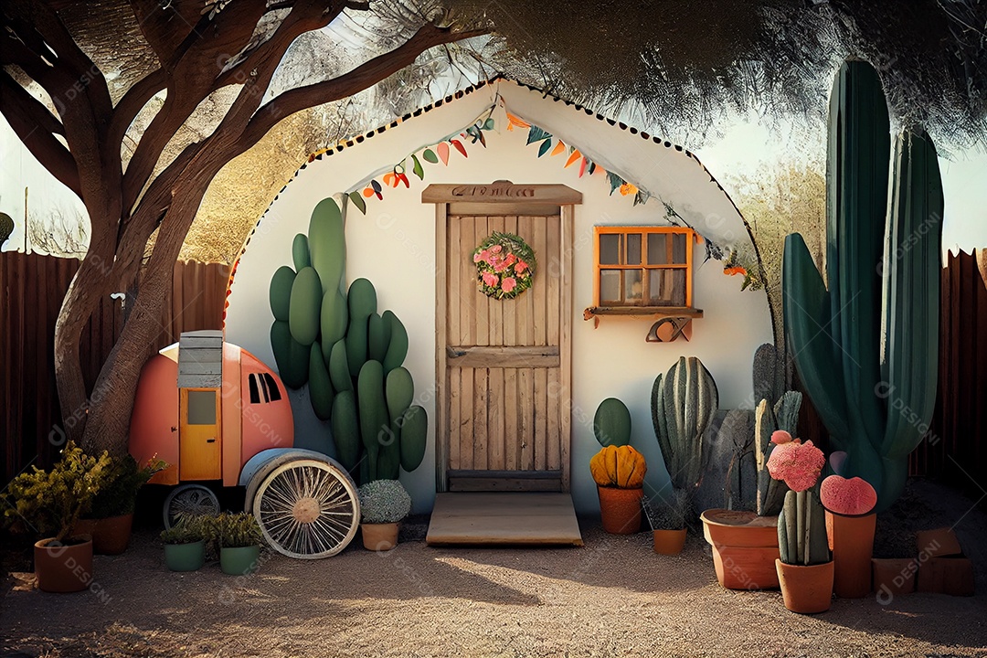 Ilustração casa com plantas de cactos