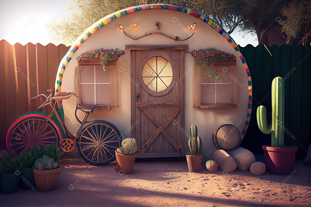 Ilustração casa com plantas de cactos