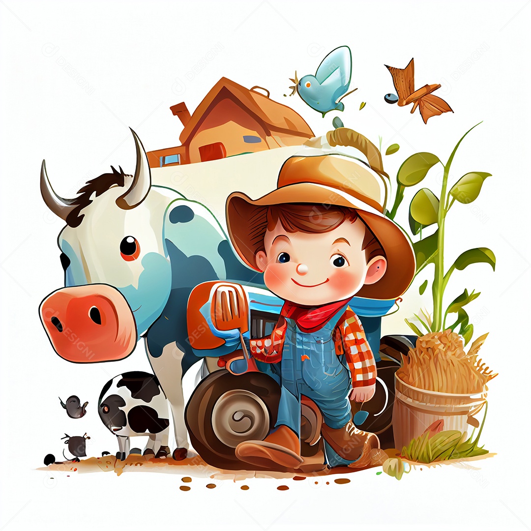 Ilustração menino feliz na fazenda