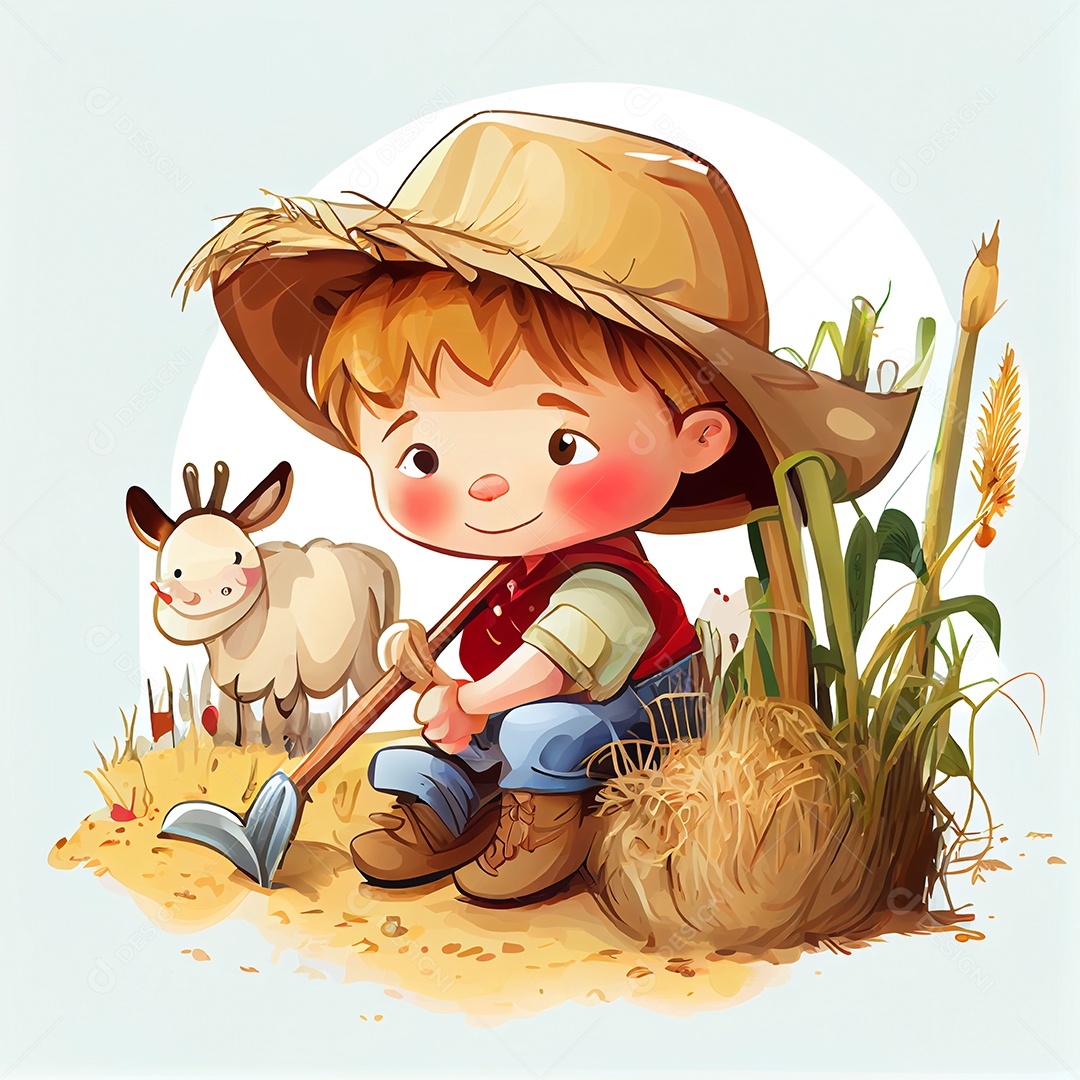 Ilustração menino feliz na fazenda