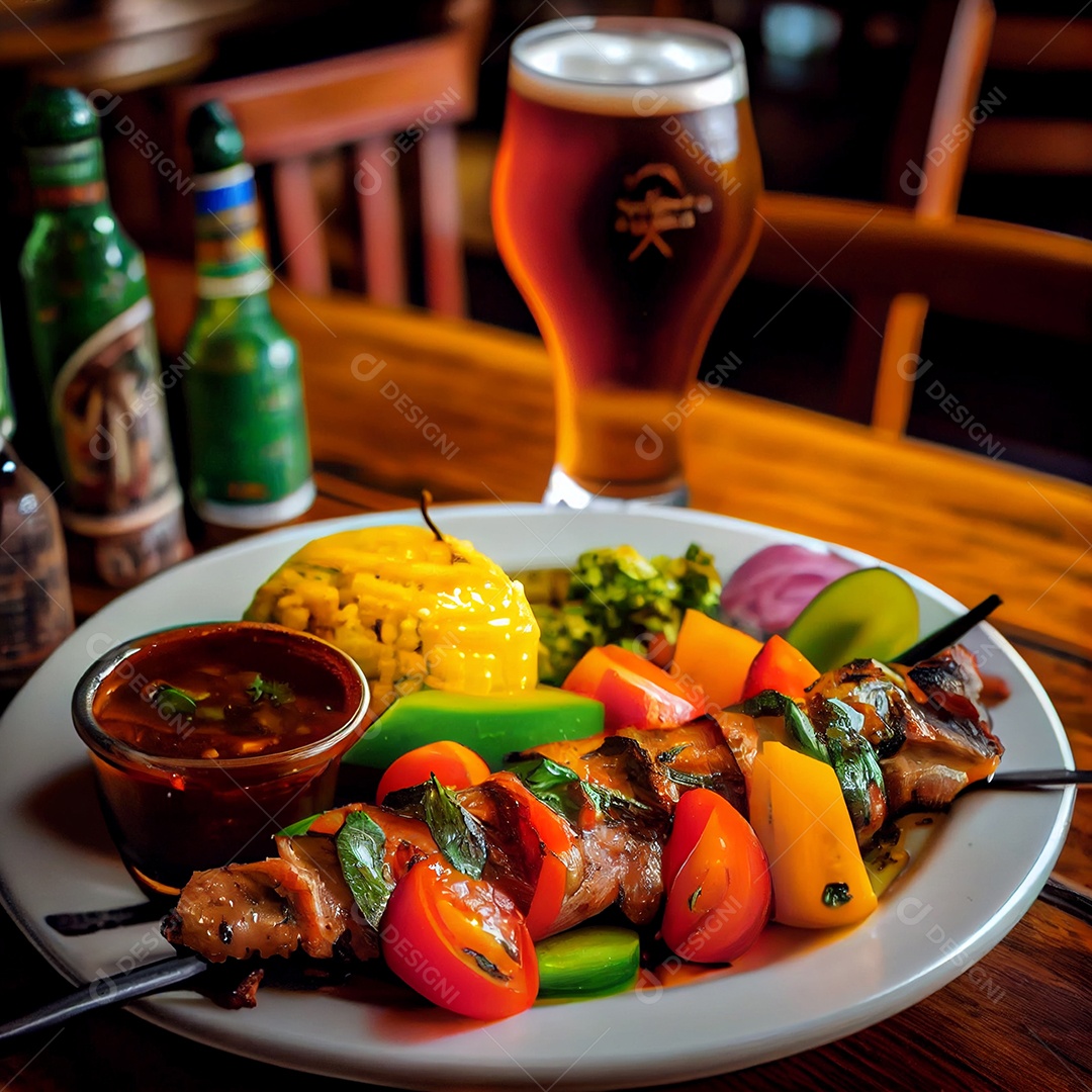 Prato de refeição com espetinho de carne e copo de cerveja