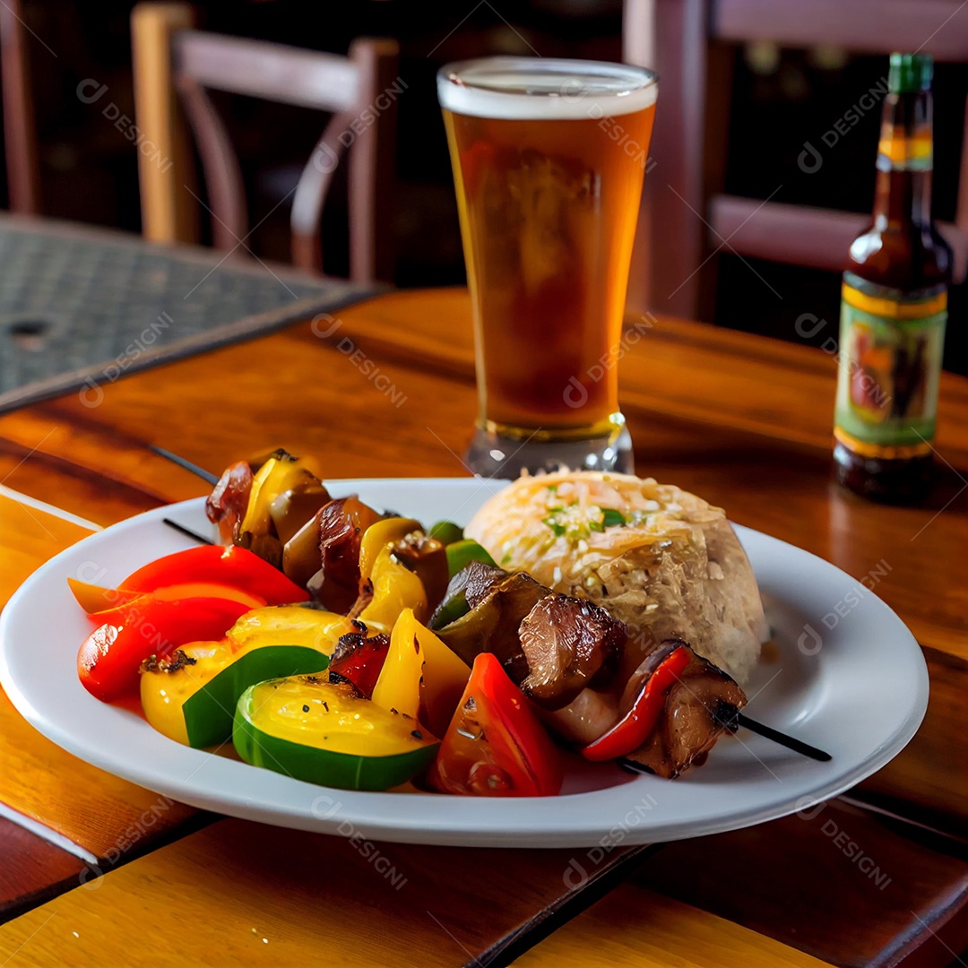 Prato de refeição com espetinho de carne e copo de cerveja