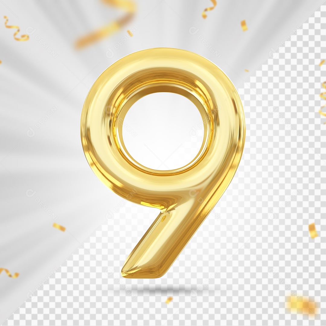 Balão Dourado De Numero 9 Elemento 3D Para Composição PSD