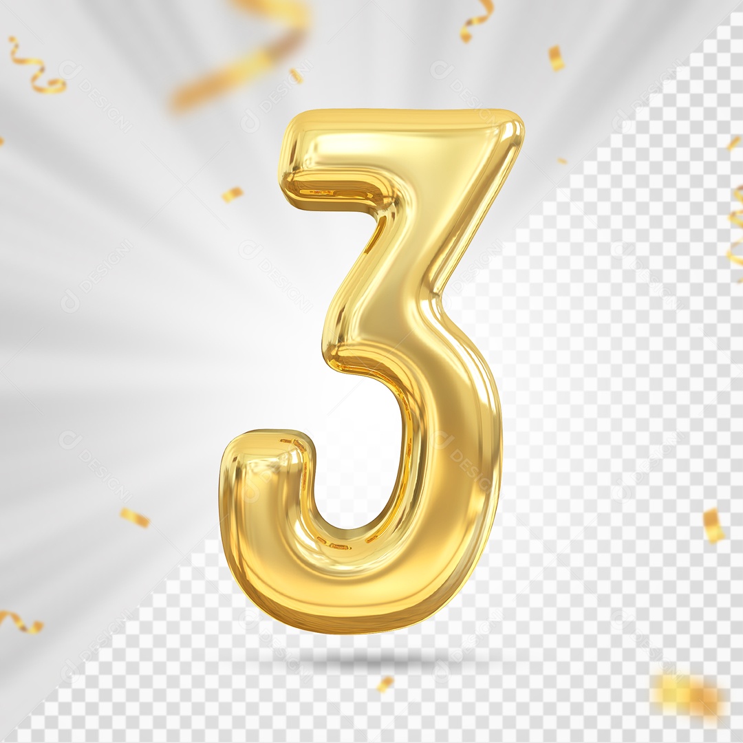 Balão Dourado De Numero 3 Elemento 3D Para Composição PSD
