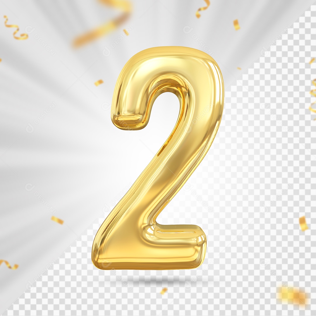 Balão Dourado De Numero 2 Elemento 3D Para Composição PSD