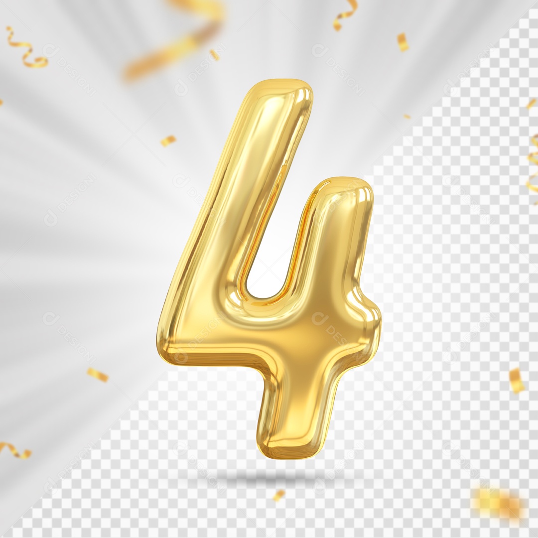 Balão Dourado De Numero 4 Elemento 3D Para Composição PSD