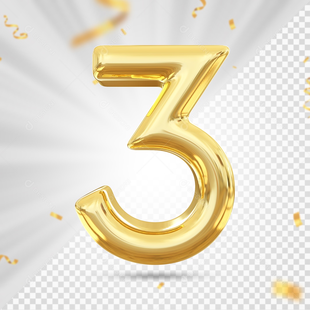 Balão Dourado De Numero 3 Elemento 3D Para Composição PSD