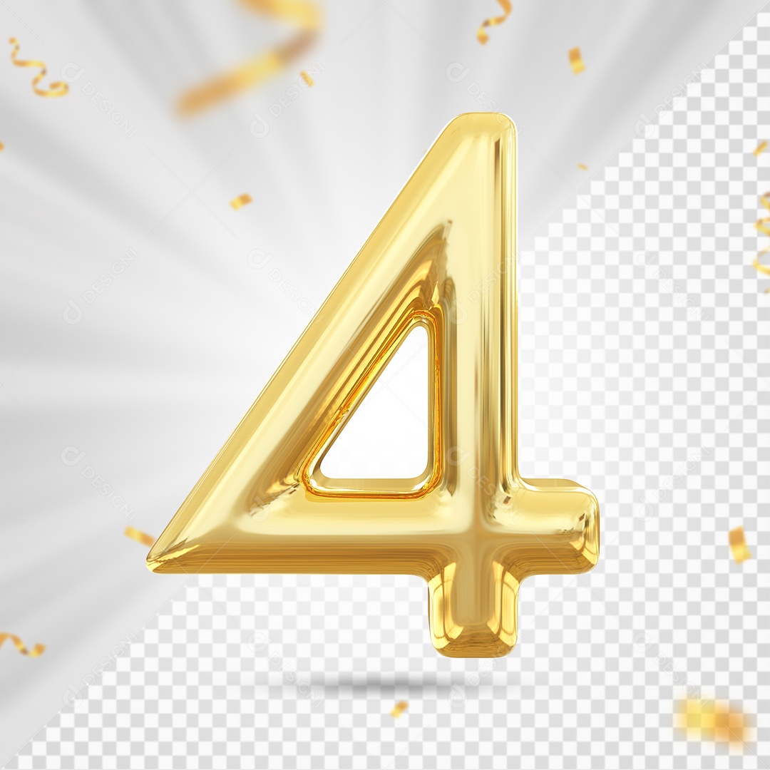 Balão Dourado De Numero 4 Elemento 3D Para Composição PSD
