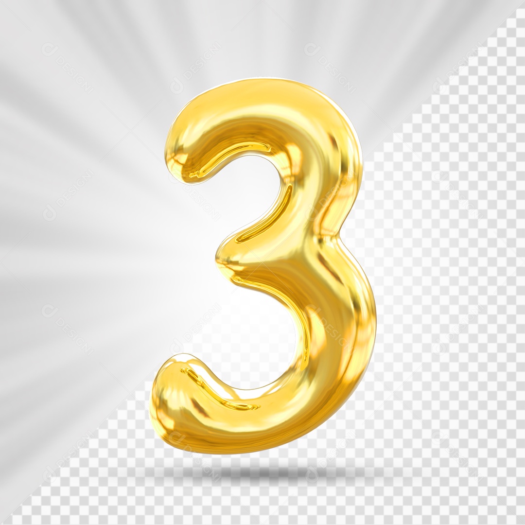 Balão Dourado De Numero 3 Elemento 3D Para Composição PSD