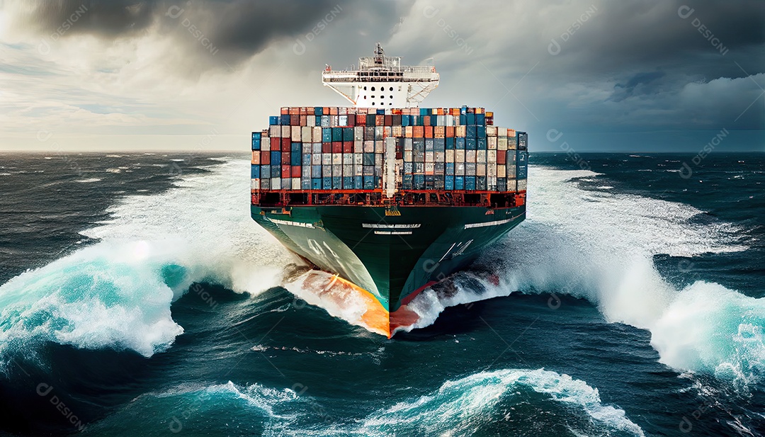 Um navio de carga de contêineres carregado é visto na frente enquanto acelera sobre o oceano Dia Mundial dos Marinheiros 25 de junho