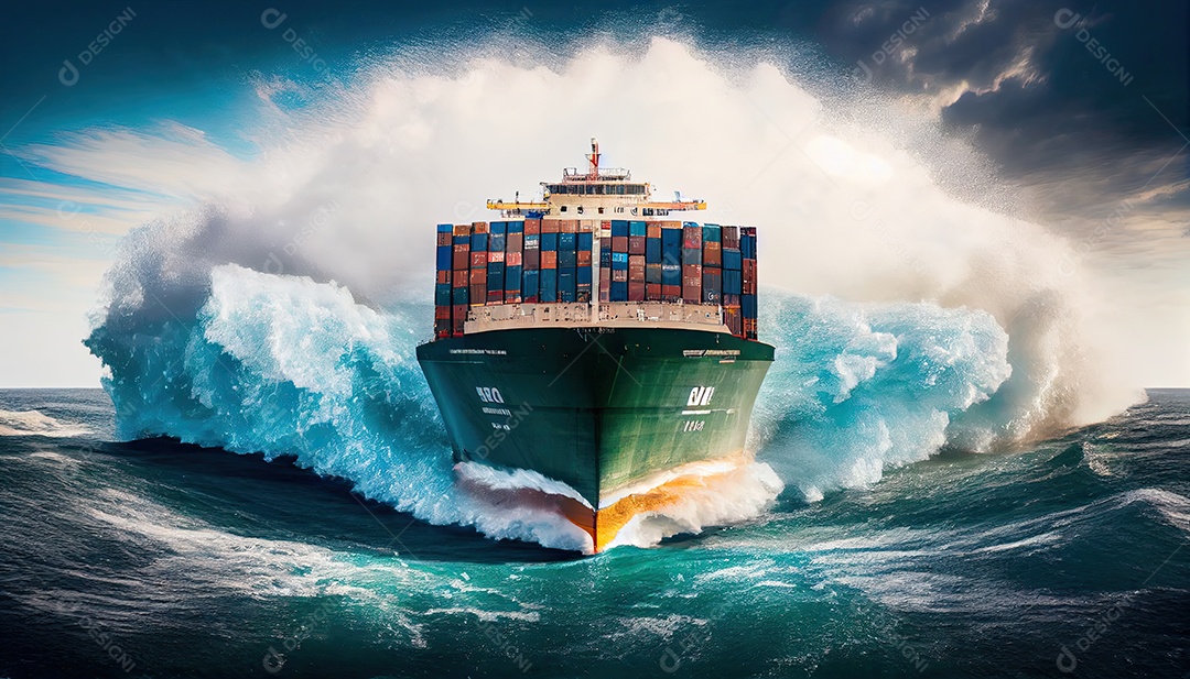 Um navio de carga de contêineres carregado é visto na frente enquanto acelera sobre o oceano Dia Mundial dos Marinheiros 25 de junho