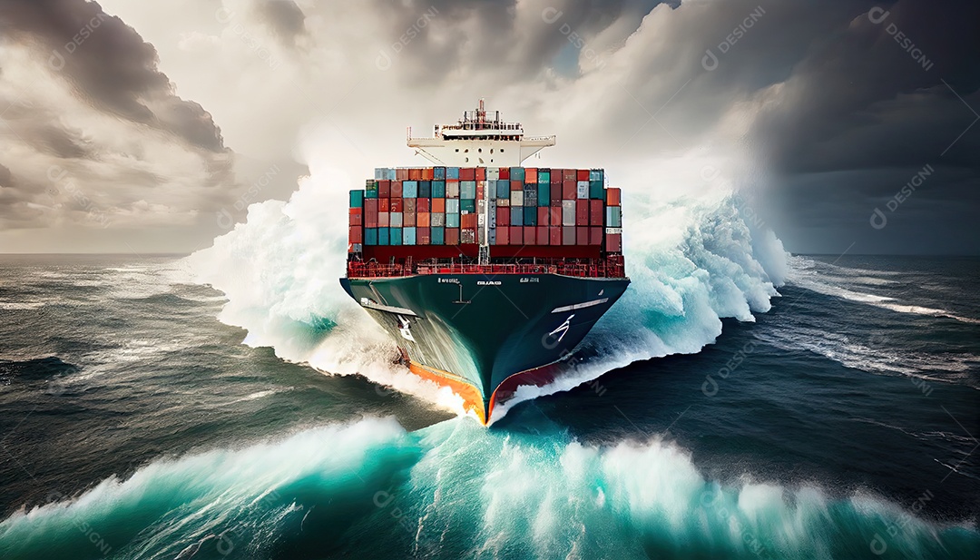 Um navio de carga de contêineres carregado é visto na frente enquanto acelera sobre o oceano Dia Mundial dos Marinheiros 25 de junho