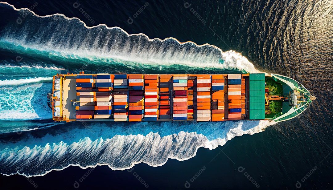 Imagem aérea superior de um navio porta-contêineres viajando para exportação de um porto internacional de contêineres para um despachante de frete de conceito marítimo sob medida com um rastro no oceano Dia Mundial dos Marinheiros, 25 de junho