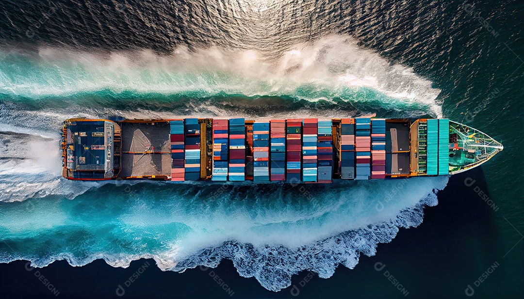 Imagem aérea superior de um navio porta-contêineres viajando para exportação de um porto internacional de contêineres para um despachante de frete de conceito marítimo sob medida com um rastro no oceano Dia Mundial dos Marinheiros, 25 de junho