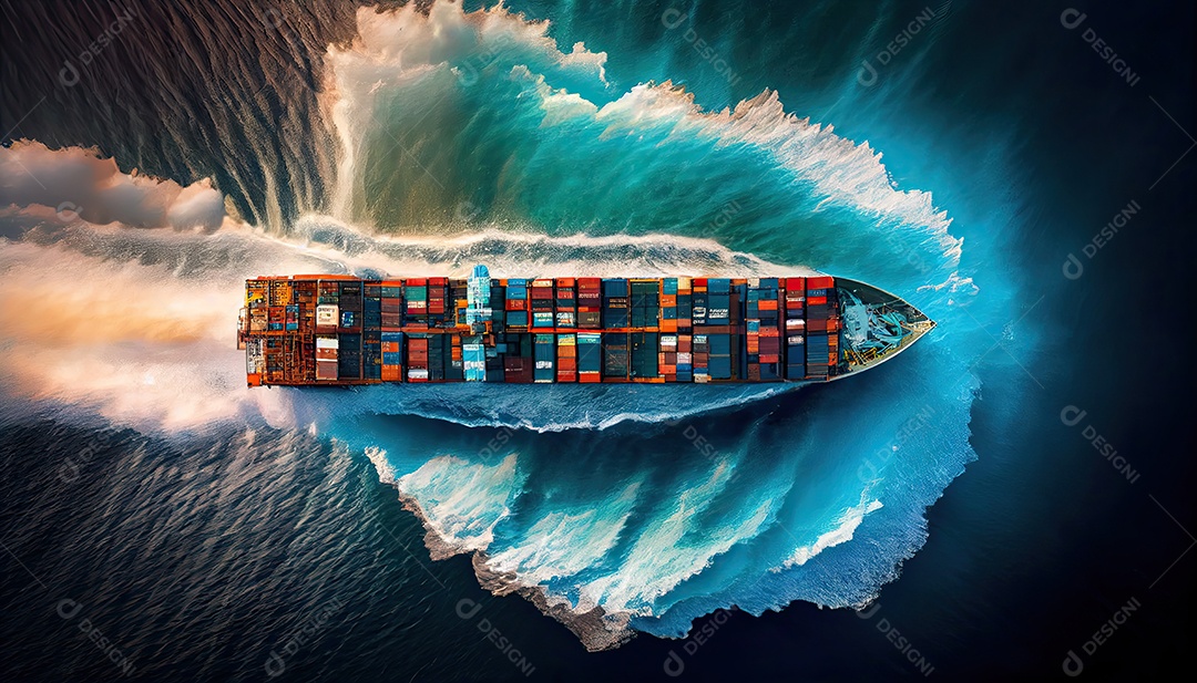 Imagem aérea superior de um navio porta-contêineres viajando para exportação de um porto internacional de contêineres para um despachante de frete de conceito marítimo sob medida com um rastro no oceano Dia Mundial dos Marinheiros, 25 de junho