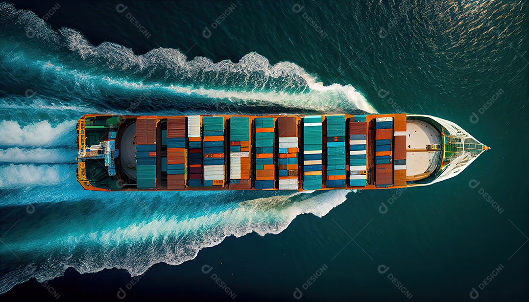 Imagem aérea superior de um navio porta-contêineres viajando para exportação de um porto internacional de contêineres para um despachante de frete de conceito marítimo sob medida com um rastro no oceano Dia Mundial dos Marinheiros, 25 de junho