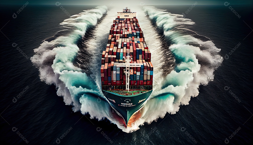 Imagem aérea superior de um navio porta-contêineres viajando para exportação de um porto internacional de contêineres para um despachante de frete de conceito marítimo sob medida com um rastro no oceano Dia Mundial dos Marinheiros, 25 de junho