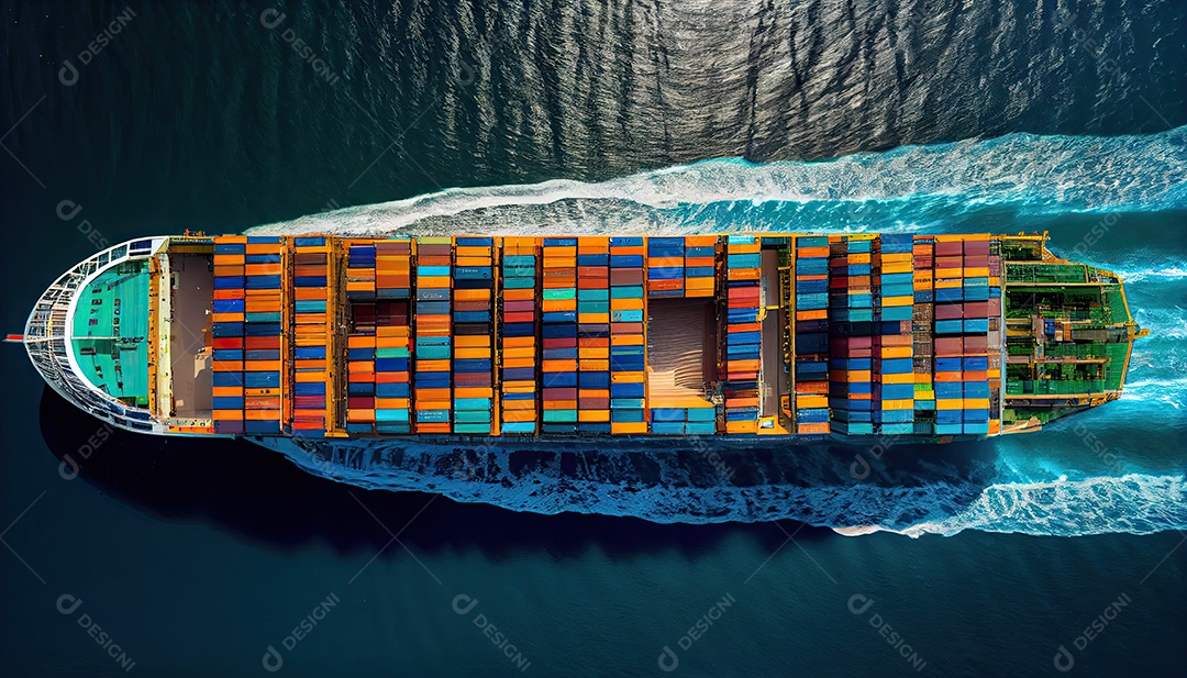 Imagem aérea superior de um navio porta-contêineres viajando para exportação de um porto internacional de contêineres para um despachante de frete de conceito marítimo sob medida com um rastro no oceano Dia Mundial dos Marinheiros, 25 de junho