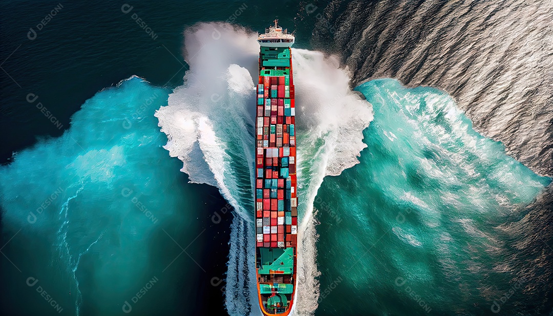 Um navio de carga de contêineres carregado é visto na frente enquanto acelera sobre o oceano Dia Mundial dos Marinheiros 25 de junho