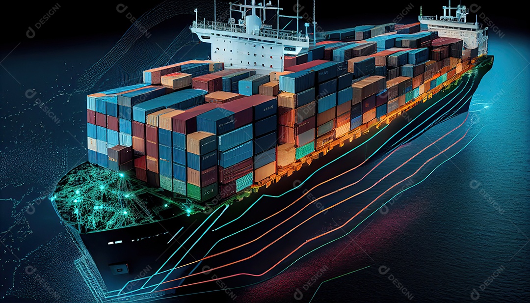 Uma foto aérea de um navio de carga transportando contêineres para exportação e importação é mostrada em um mundo global. Serviço de Agenciamento de Cargas Dia Mundial dos Marinheiros, 25 de junho