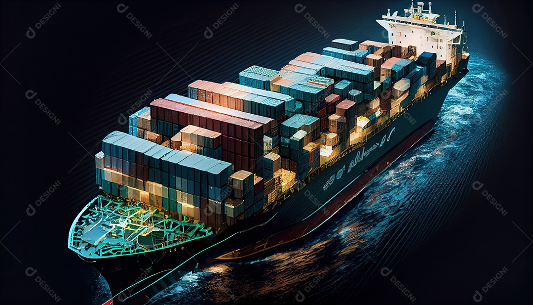 Uma foto aérea de um navio de carga transportando contêineres para exportação e importação é mostrada em um mundo global. Serviço de Agenciamento de Cargas Dia Mundial dos Marinheiros, 25 de junho