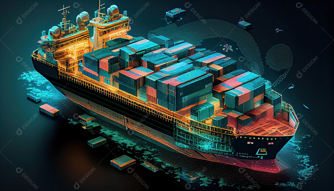 Uma foto aérea de um navio de carga transportando contêineres para exportação e importação é mostrada em um mundo global. Serviço de Agenciamento de Cargas Dia Mundial dos Marinheiros, 25 de junho