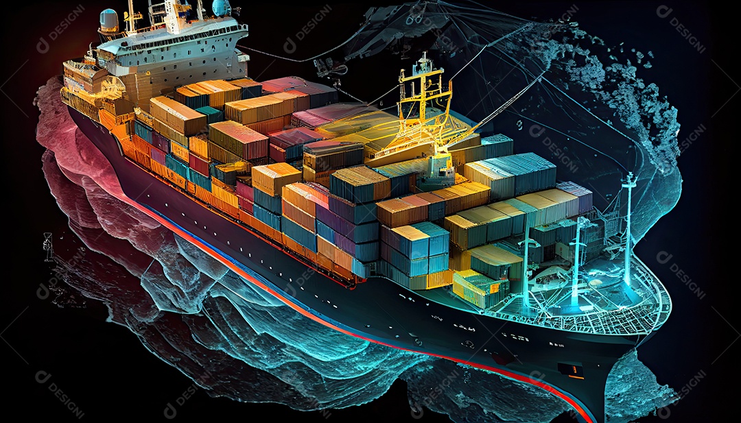 Uma foto aérea de um navio de carga transportando contêineres para exportação e importação é mostrada em um mundo global. Serviço de Agenciamento de Cargas Dia Mundial dos Marinheiros, 25 de junho