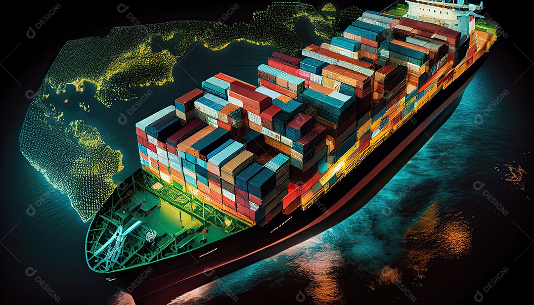 Uma foto aérea de um navio de carga transportando contêineres para exportação e importação é mostrada em um mundo global. Serviço de Agenciamento de Cargas Dia Mundial dos Marinheiros, 25 de junho