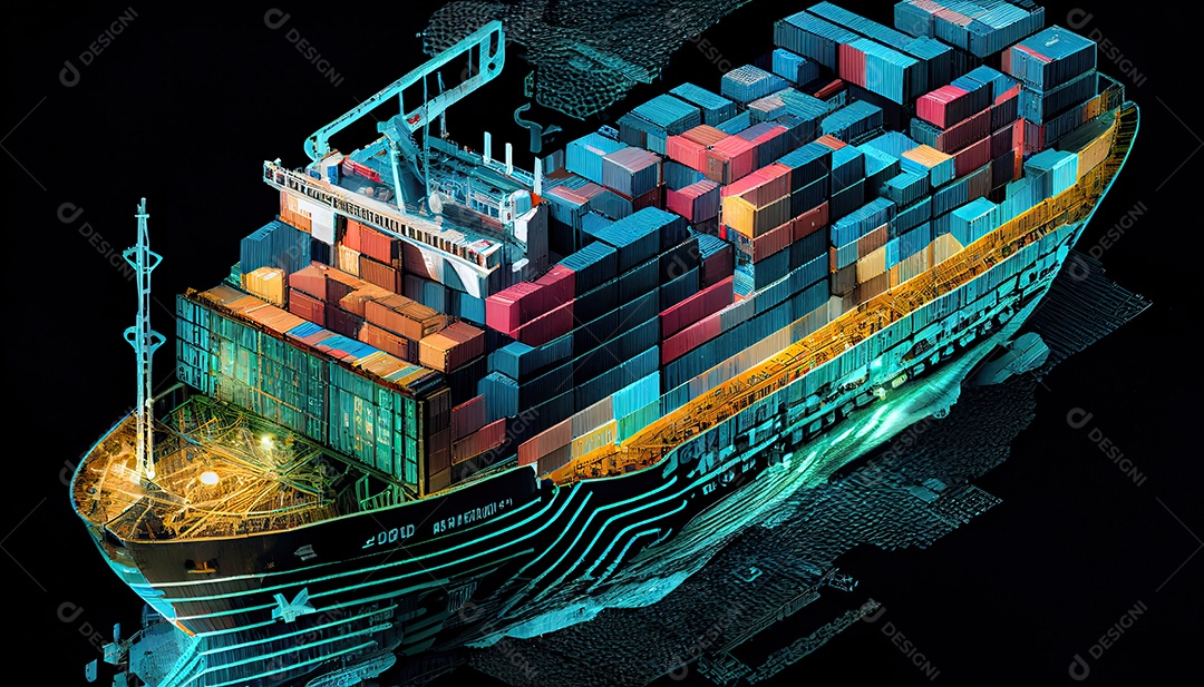 Uma foto aérea de um navio de carga transportando contêineres para exportação e importação é mostrada em um mundo global. Serviço de Agenciamento de Cargas Dia Mundial dos Marinheiros, 25 de junho