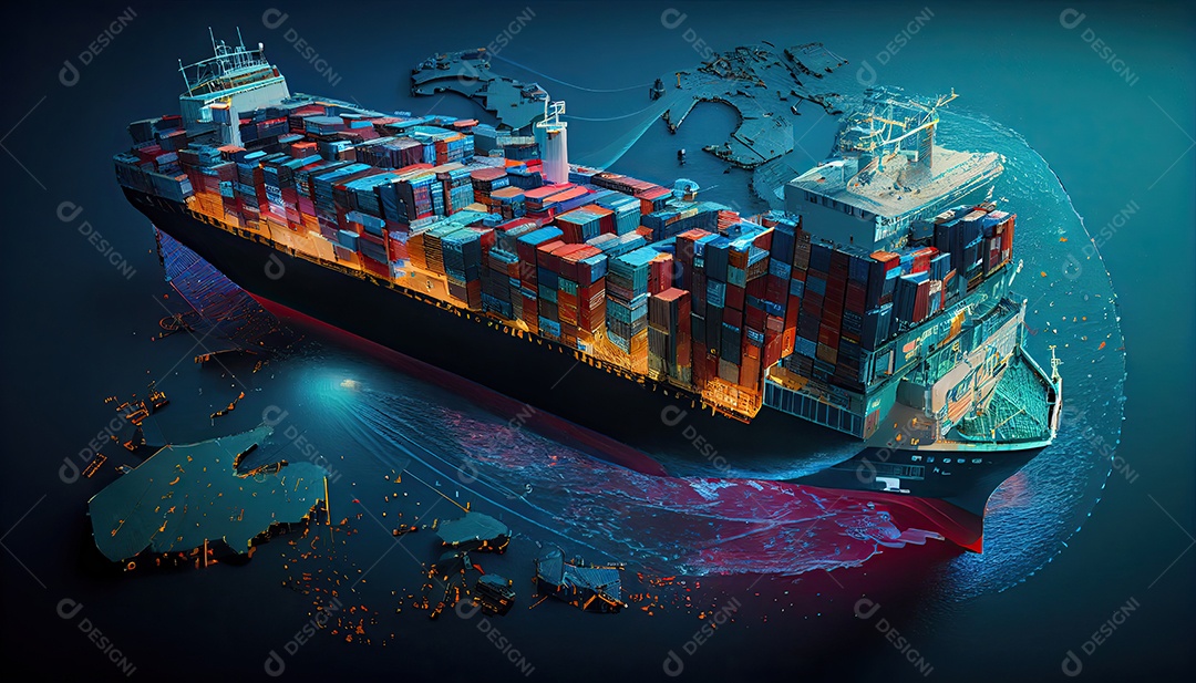 Uma foto aérea de um navio de carga transportando contêineres para exportação e importação é mostrada em um mundo global. Serviço de Agenciamento de Cargas Dia Mundial dos Marinheiros, 25 de junho