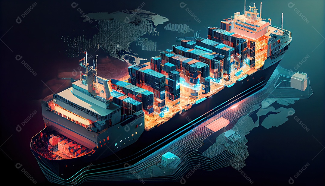 Uma foto aérea de um navio de carga transportando contêineres para exportação e importação é mostrada em um mundo global. Serviço de Agenciamento de Cargas Dia Mundial dos Marinheiros, 25 de junho