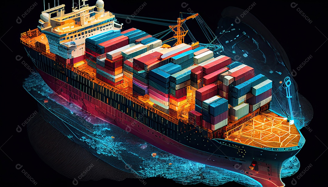 Uma foto aérea de um navio de carga transportando contêineres para exportação e importação é mostrada em um mundo global. Serviço de Agenciamento de Cargas Dia Mundial dos Marinheiros, 25 de junho