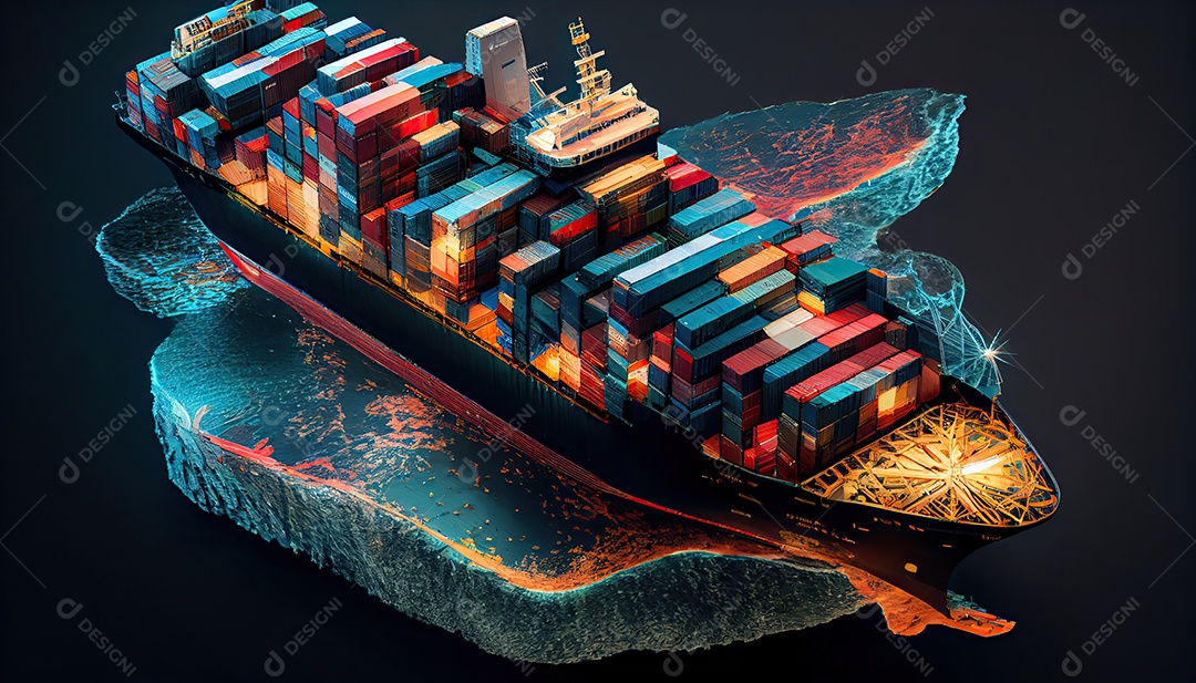 Uma foto aérea de um navio de carga transportando contêineres para exportação e importação é mostrada em um mundo global. Serviço de Agenciamento de Cargas Dia Mundial dos Marinheiros, 25 de junho