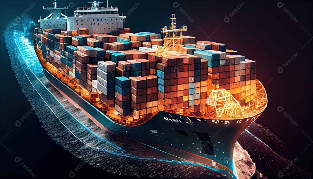 Imagem aérea superior de um navio porta-contêineres viajando para exportação de um porto internacional de contêineres para um despachante de frete de conceito marítimo sob medida com um rastro no oceano Dia Mundial dos Marinheiros, 25 de junho